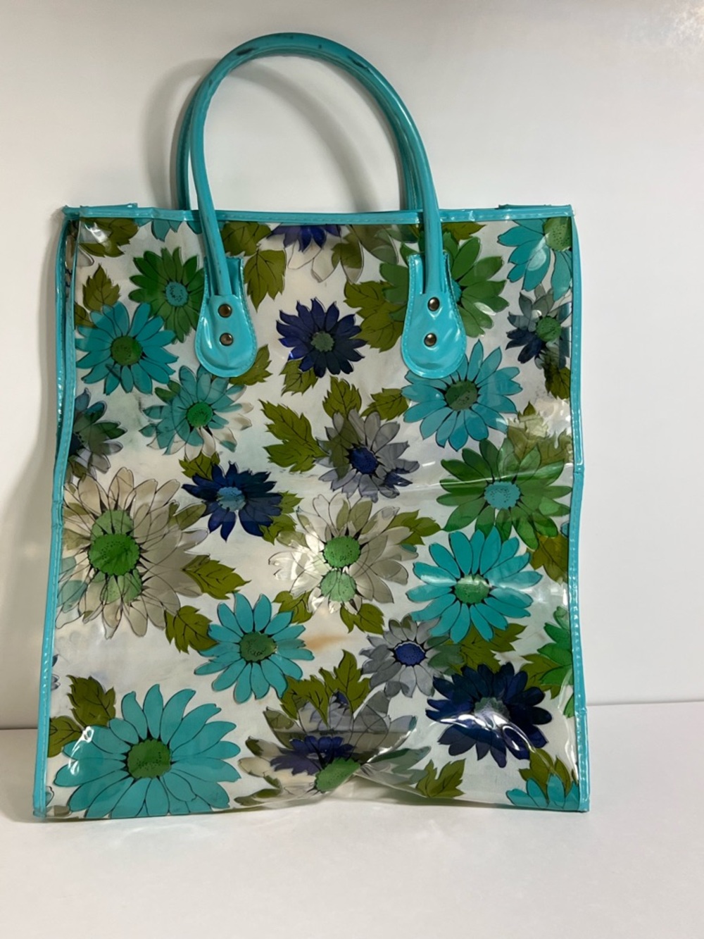 Groovy Vintage Clear Vinyl Retro Blue Green Floral Daisy Tote Bag 60s 70s - Picture 12 of 16